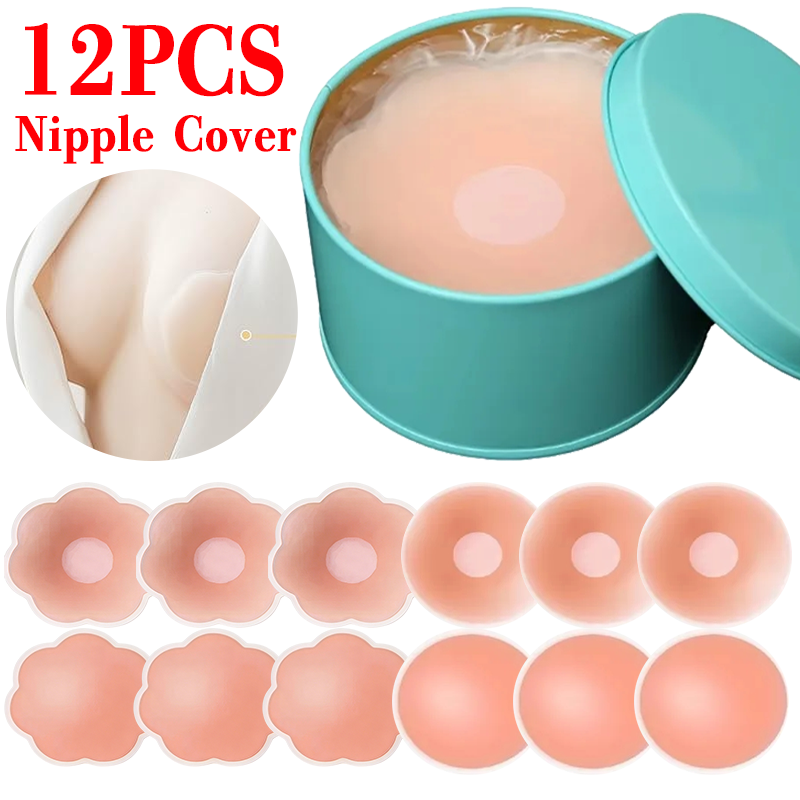 Silicone Bra Adhesive - 6/12個入り 目に見えない粘着式チェストパッド 再利用可能なステッカー バストペタル ストラップレスリフトアップブラパッド シリコンペタルニップルカバー