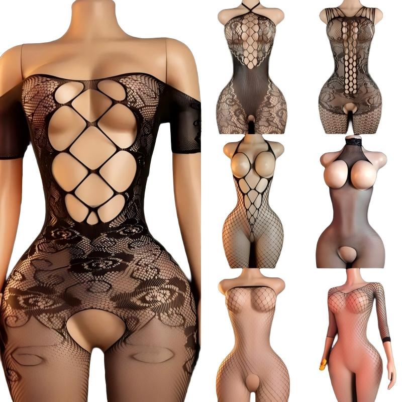 Bodystocking Fishnet - エロティックなランジェリーセット女性のためのレース透明ボディストッキングセクシーな衣装クロッチレスパジャマ女性のセックステディベビードールドレス