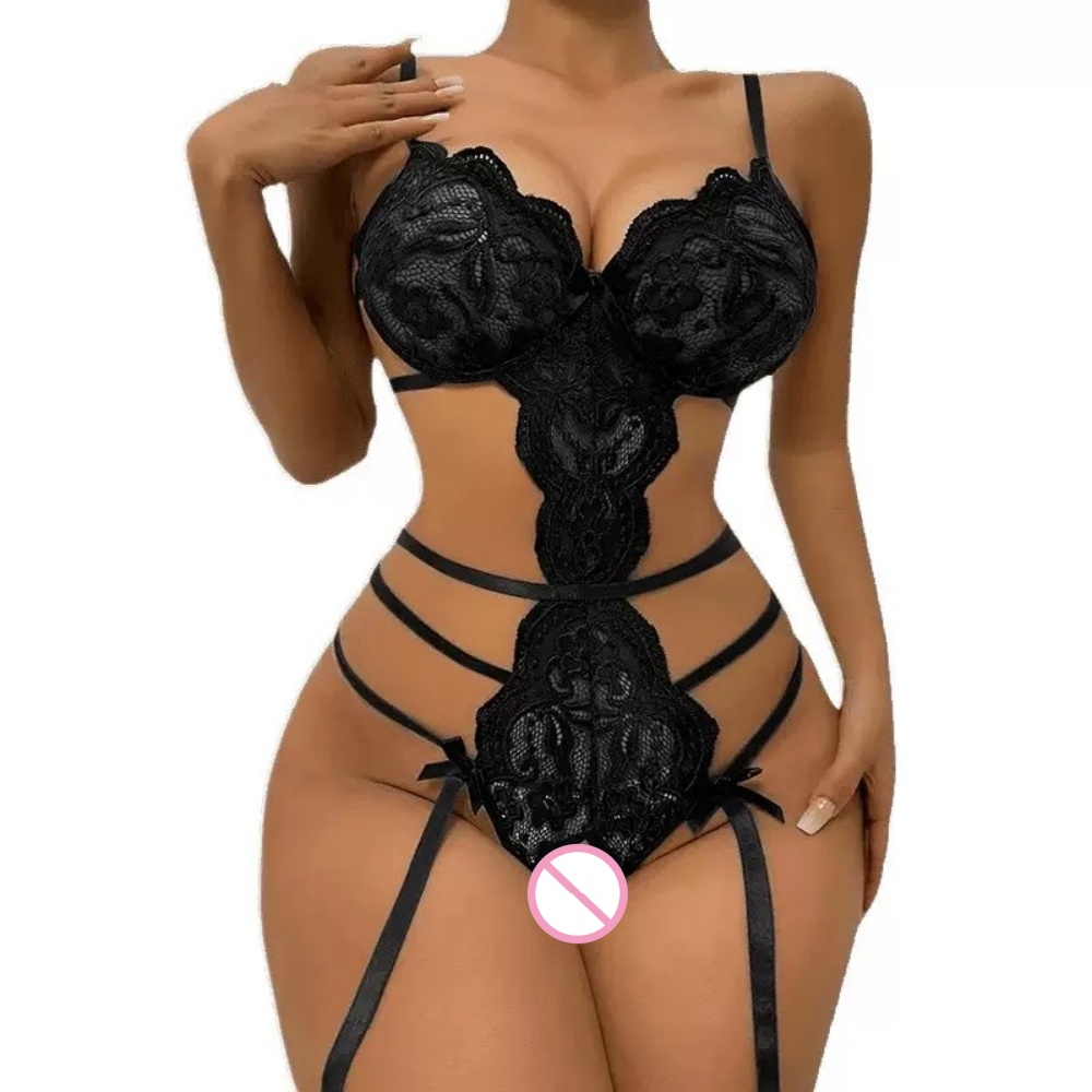 セクシーなレースのオープンクロッチテディボディスーツ、ガータ - Lace Teddy Lingerie のレビューと価格