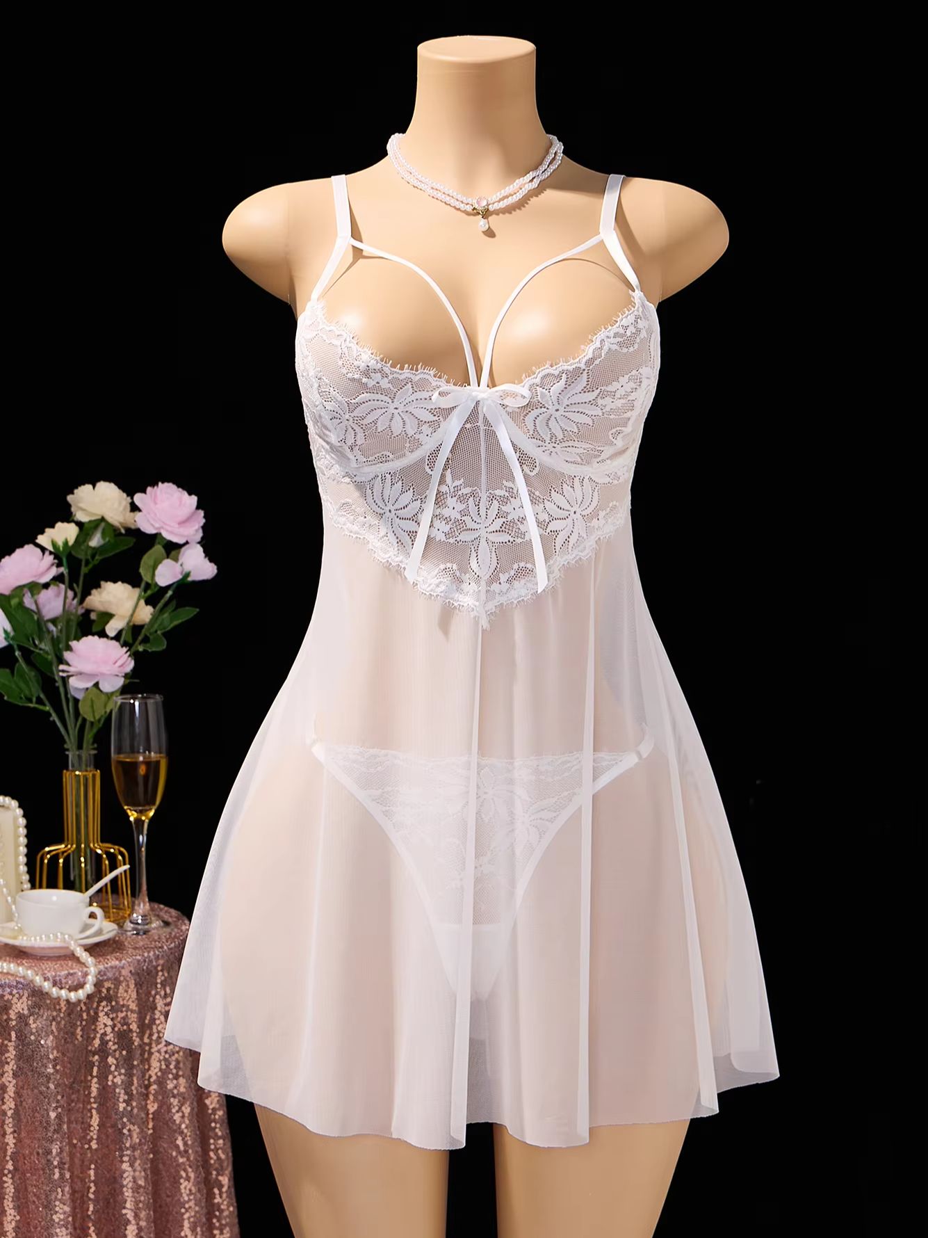 女性用ホワイトレースベビードールランジェリードレス、シアーメ - Babydoll Chemise Night のレビューと価格